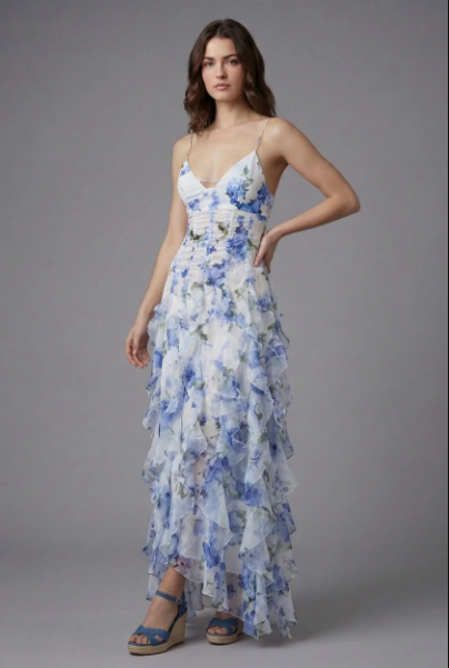 Rina Women's Maxi Dress | Floral Print with Ruffles, Sleeveless Summer Style