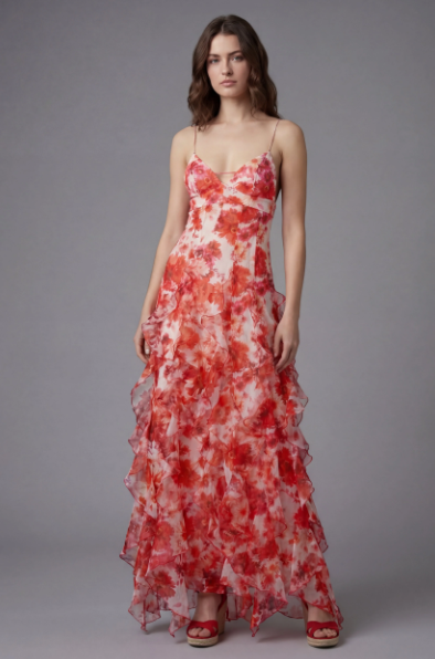 Rina Women's Maxi Dress | Floral Print with Ruffles, Sleeveless Summer Style