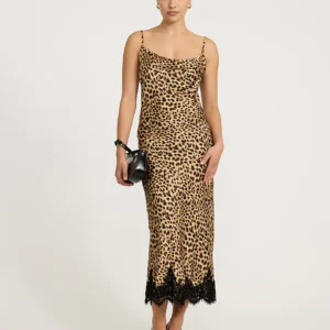 Leopard Cowl Neck Lace Trim Slip Maxi Sheath Dress