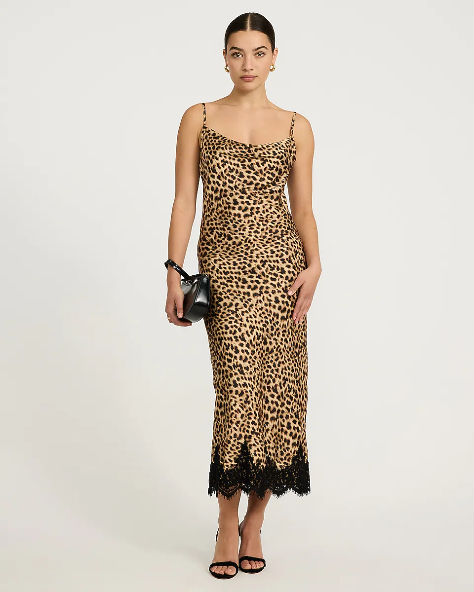 Leopard Cowl Neck Lace Trim Slip Maxi Sheath Dress